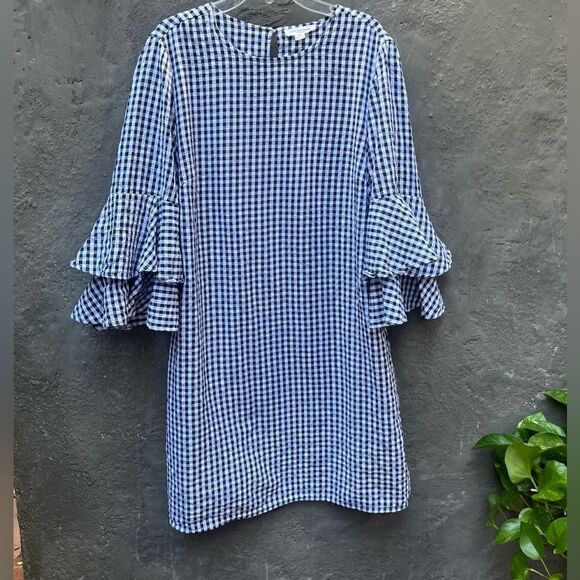 BEACH LUNCH LOUNGE GINGHAM RUFFLE 3/4 SLEEVE MIDI DRESS MEDIUM - Picture 11 of 15
